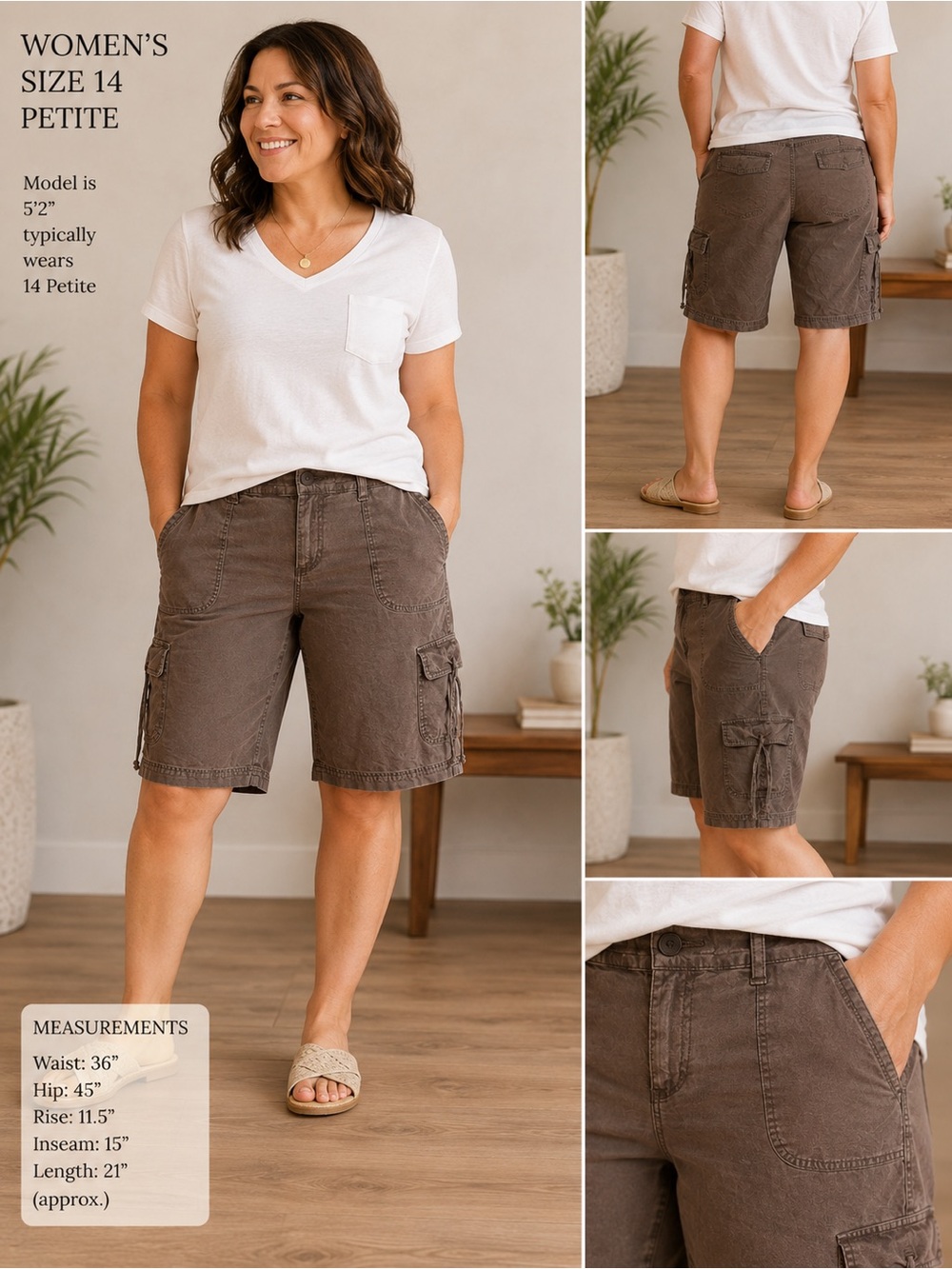 Women’s‎ Petite Brown Cargo Bermuda Shorts Utility Hiking Casual Size 14P